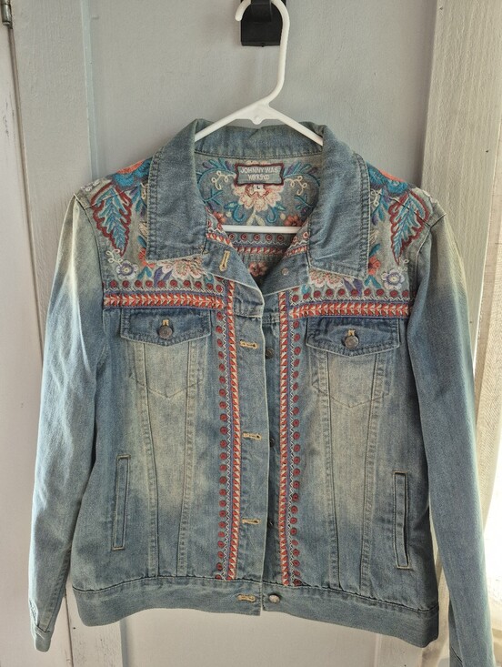 Johnny Was Jackets & Blazers - Johnny Was Light Blue Embroidered Denim Jacket with Multicolor Floral Accents